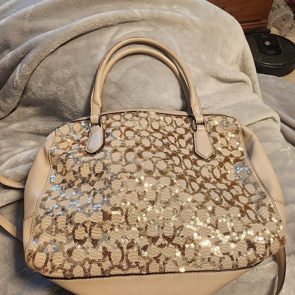 Coach Champagne Leather Gold Sequined Poppy Signature East West Satchel - Picture 5 of 9